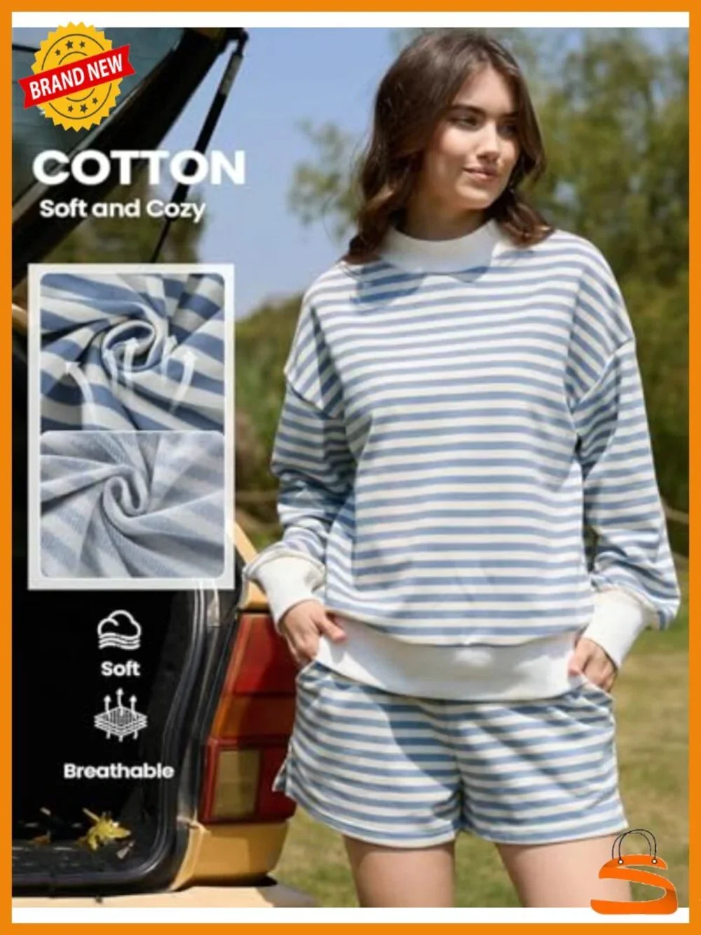 Mock Neck Sweatshirt and Shorts Set - Striped Lounge Set